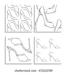 Shoes patterns set. High heels women footwear backgrounds collection. Doodle female pump shoe. Pencil effect vector. Trendy lady fashion illustration.