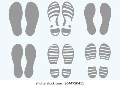 Sapatos imprime ícone vetor conjunto. Coleção de sinais de ilustração de pegadas. Silhueta de vetor de sapato humano.