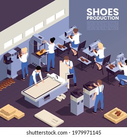 Shoes production background with footwear symbols isometric vector illustration