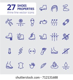 Shoes properties symbols. Shoe technical characteristics. These icons indicate properties of footwear. Thin line icons. Editable strokes. Vector. Working and safety shoes