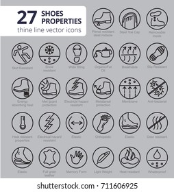 Shoes properties symbols. These icons indicate properties of footwear. Thin line icons. Editable strokes. Vector