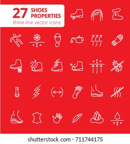 Shoes properties symbols. These icons indicate properties of footwear. Thin line icons. Editable strokes. Vector