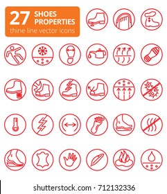 Shoes properties symbols. Working and safety shoes. These icons indicate properties of footwear. Thin line icons. Editable strokes. Vector