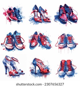 Zapatos en la ilustración de arte de colores rojo y azul, representación 3d, ilustración 3d, fondo blanco