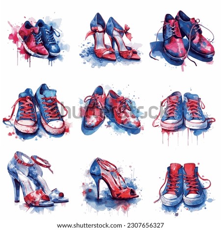 Shoes in red and blue colors art illustration, 3d render, 3d illustration, white background