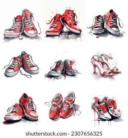 Shoes in red and gray colors art illustration, 3d render, 3d illustration, white background