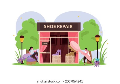 Shoes repair building with display and characters of shoemakers holding brush and needle flat vector illustration