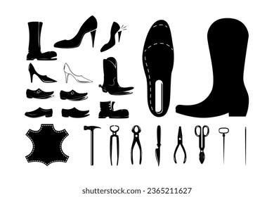 Shoes repair design elements. Leather workshop. Set of shoemaker tools.  Design element for logo, label, emblem, sign. Vector design element