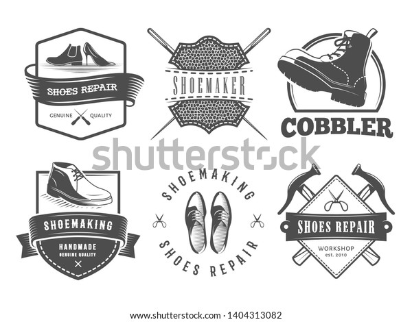 Shoes repair\
logos. Vector badges for cobbler or shoemaker shop. Labels with\
shoes, boots and shoemaking\
tools