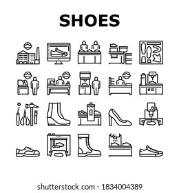 Shoes Repair Service Collection Icons Set Vector. Shoes Fixing And Production Equipment, Factory And Packaging, Design And Manufacturing Black Contour Illustrations