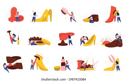 Shoes repair and shoemaker icons set with colorful boots tools and characters of people flat isolated vector illustration