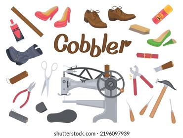 Shoes repairing service flat background with isolated icons of cobblers tools boots and supplies with text vector illustration