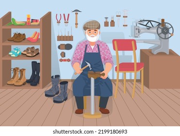 Shoes repairing service flat composition with indoor view of old shoeman in his workshop with tools vector illustration