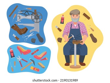 Shoes repairing service flat compositions set with isolated icons of sewing machine tools supplies and boots vector illustration