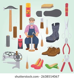 Shoes repairing service flat set with isolated icons of boots cobbler with tools and sewing machine vector illustration