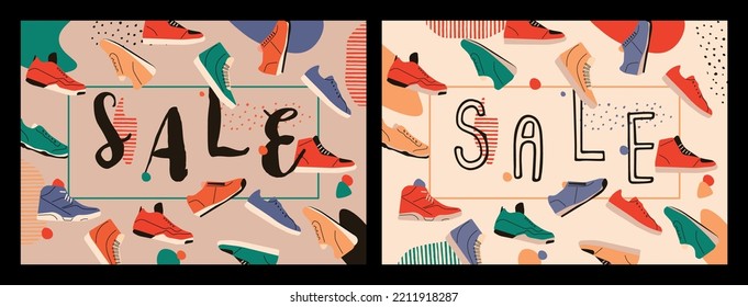 Shoes Sale. Color vector illustration. Hand drawn. Banner for shoe, sneakers shop