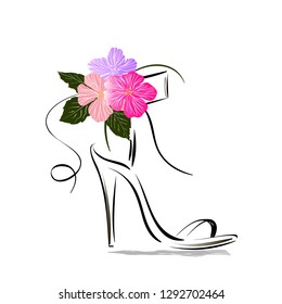  Shoes or sandals high heel decorated with flowers. Vector Beautiful of female fashion  illustration. 