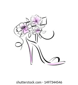  Shoes or sandals high heel decorated with flowers. Vector Beautiful of female fashion  illustration. 