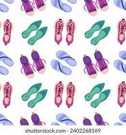 Shoes seamless pattern. Different types casual and sport footwear. Loafers and sandals top view. Fashionable sneakers and shoes. Foot clothing. Summer gumshoes. Garish