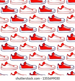 Shoes seamless pattern, fabric textile, summer sport shoes, wallpaper background. Vector illustration.