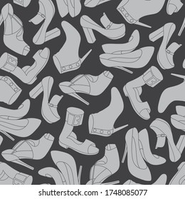 Schuhe nahtloses Muster. Grau auf schwarzem Hintergrund