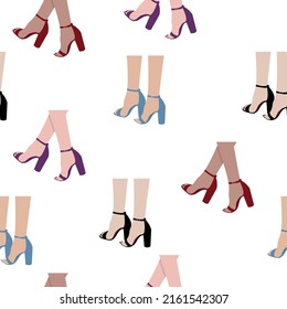 Shoes seamless pattern. Women's legs Stylish and fashionable High-heeled red shoes in walking movement icon  isolated. Flat vector illustration. Women's Shoes footwear. Fashion, style, shopping,