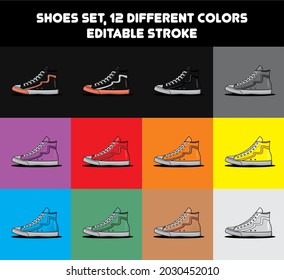 Shoes set, 12 different colors, editable stroke