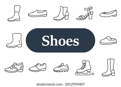 Shoes set icon. Boots, sneaker, ankle boot, high heel sandal, flat shoe, slipper, oxford, running footwear, football cleat, ice skate, fashion collection, casual style