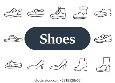 Shoes set icon. Running sneaker, casual footwear, hiking boot, winter boot, loafer, flip flop, heel shoe, ankle boot, fashion collection, seasonal style, comfortable everyday footwear