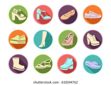 Shoes set of vector flat icons. Multicolored Icons sandals, boots, low shoe, ballet slippers, high boot, gumshoes, knee-high boots, winter boots, ankle boots, slip-on In a round frame with shadow