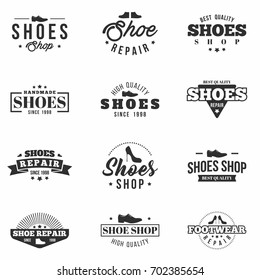 Shoes shop badges set. Monochrome  collection of various labels, logo for footwear stores, shop sites  and repair . Vector