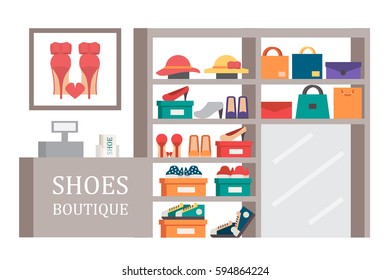 Shoes shop footwear store. Shoe and bag showcase.Vector shopping illustration.