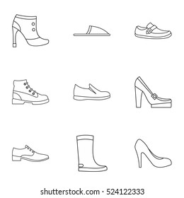Shoes shop icons set. Outline illustration of 9 shoes shop vector icons isolated on white background. Line sings
