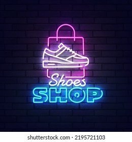 Shoes shop neon sign, bright signboard, light banner. Shoes shop label neon, emblem. Vector illustration