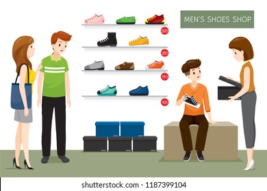 Men’s Shoes Shop With Saleswoman And Customers, Footwear, Fashion, Objects, Occupation, Profession, Working