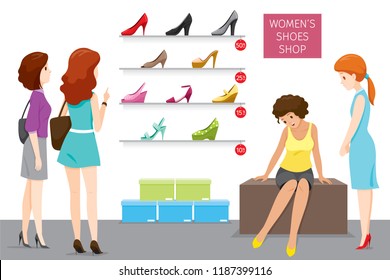 Women’s Shoes Shop With Saleswoman And Customers, Footwear, Fashion, Objects, Occupation, Profession, Working