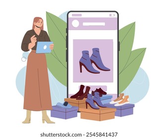 Shoes shopping online. Woman buying boots on internet. Electronic commerce and marketing. Digital money transfers and transactions. Flat vector illustration isolated on white background