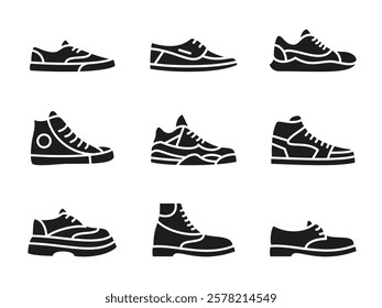 Shoes silhouette icon set. Sneakers vector illustration collection. Casual, sports and classic style footwear symbol. Fashionable trendy shoe. Sportswear pictogram. Elegant leather boots black sign.