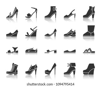 Shoes silhouette icons set. Monochrome web sign kit of footwear. Fashion pictogram collection includes classic, sport, heel. Simple vector black symbol. Shoes shape icon with reflection on white