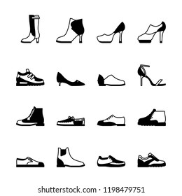 Shoes silhouette vector set. Sneakers, women footwear, boats isolated on white background