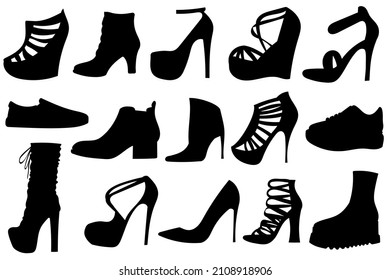 Shoes silhouettes. Elegance dressing accessory. Court shoe, high heel shoe lady fashion black shadow set silhouettes icon. Vector illustration, EPS10
