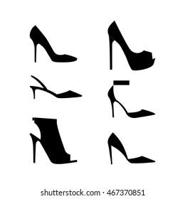 Shoes silhouettes icon. Set of black silhouettes of women's shoes on a white background