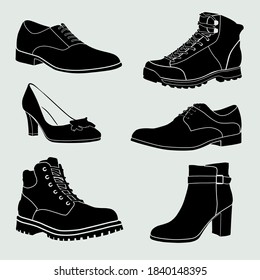 Shoes silhouettes. Various types of boots and shoes