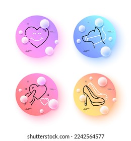 Shoes, Smile face and Hold heart minimal line icons. 3d spheres or balls buttons. Dog leash icons. For web, application, printing. Fashion footwear, Love heart, Care love. Dog muzzle. Vector