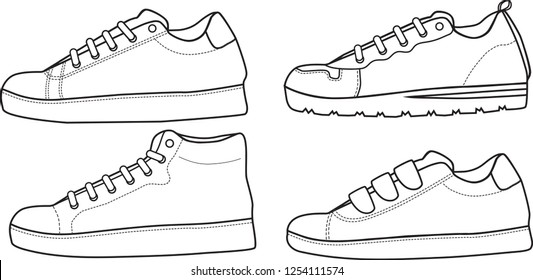 Shoes sneaker outline drawing vector symbol icon, shoe fill in the blank set collection, black line sneaker trainers 