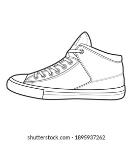 Shoes sneaker outline drawing vector, Sneakers drawn in a sketch style, black line sneaker trainers template outline, vector Illustration.