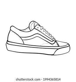 Shoes sneaker outline drawing vector, Sneakers drawn in a sketch style, black line sneaker trainers template outline, vector Illustration.
