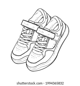 Vector de dibujo de contorno de zapata, Sneakers dibujado en un estilo de esbozo, contorno de plantilla de entrenadores de franja negra, ilustración vectorial.