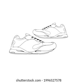 Shoes sneaker outline drawing vector, black line sneaker. vector Illustration.