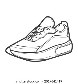 Shoes sneaker outline drawing vector, Sneakers drawn in a sketch style, black line sneaker trainers template outline, vector Illustration.